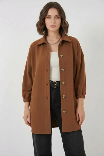 Şeker Portakalım Women's Oversized Cut Cotton Taba Shirt with Pocket Detail