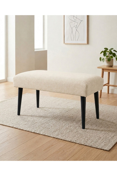 Azra Aksesuar Krem Keten Kumaş Bench Puf 90x45x46 cm Ahşap Siyah Ayaklı Demon...