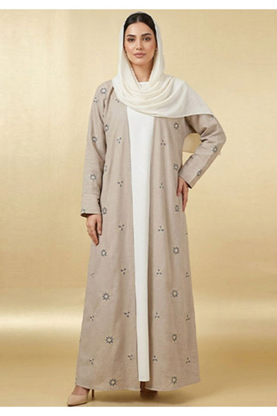 Muchmy Women Premium Beige Embroidered Abaya With Inner And Sheila 3 Pieces C...