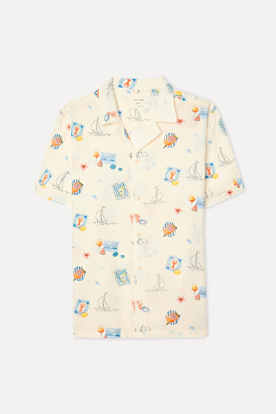 Mudo Men's Ecru Patterned Regular Fit Resort Collar Short Sleeve Shirt