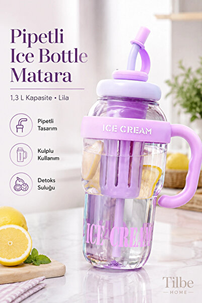 Tilbe Home Ice Bottle Pipetli Matara 1.3 L Suluk Detoks Suluğu Lüks Tasarım K...
