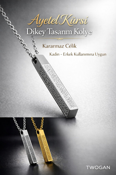 TWOGAN Ayetel Kürsi Kolye Kararmaz Paslanmaz Çelik Gümüş Renk Dikey Unisex Kolye