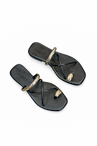 Elexus Women's Slippers with Black Straps and Flat Heel with Buckle