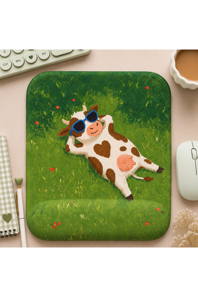 matizya Gözlüklü İnek Desenli Kare Bilek Destekli Mousepad 19x23 cm Kawaii Ça...