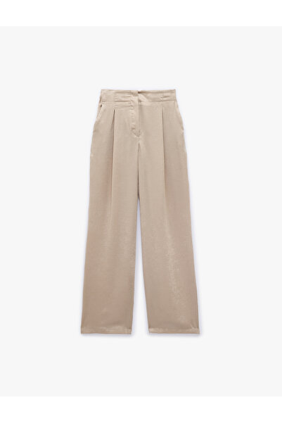 Koton Satin High Waist Wide Leg Pleated Trousers with Rubber Detail Pockets
