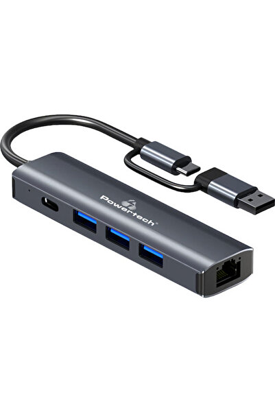 POWERTECH Διανομέας USB 3.2 4 Θυρών με συνδέσεις USB-A / USB-C / Ethernet, Γκ...