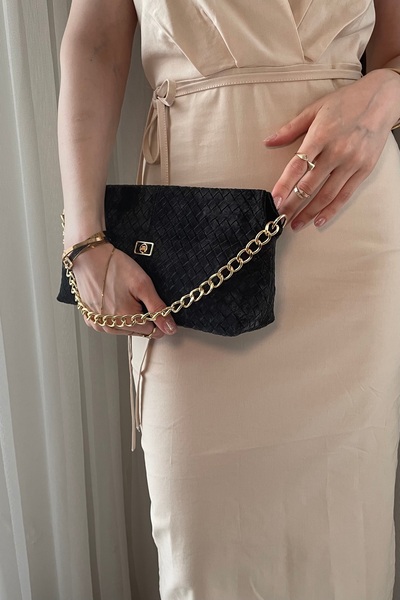 Fibag Kadın Siyah Süet Clutch Çanta - Zincir Askı Detaylı, Ayarlanabilir Uzun...