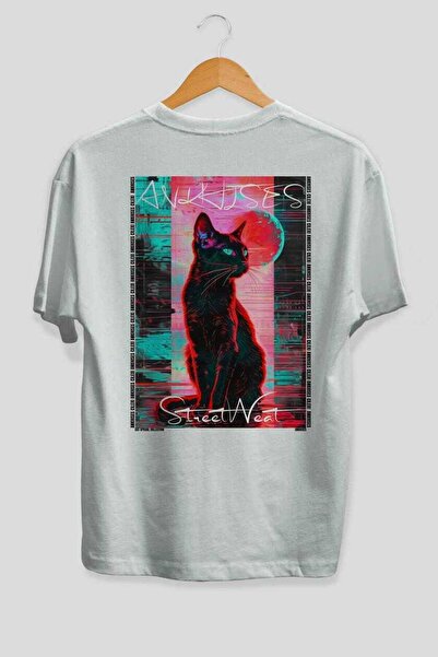 Ankhises For the Love of Cats 56 Cats Printed White Oversize T-Shirt 100% Cot...