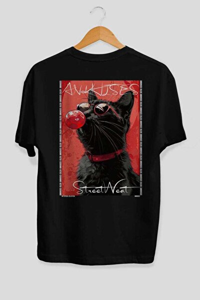 Ankhises For the Love of Cats 59 Cats Printed Black Oversize T-Shirt 100% Cot...