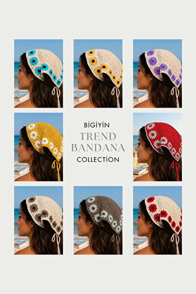bigiyin Women's Floral Motif Hand Knitted Bandana Bohemian Summer Hairband He...