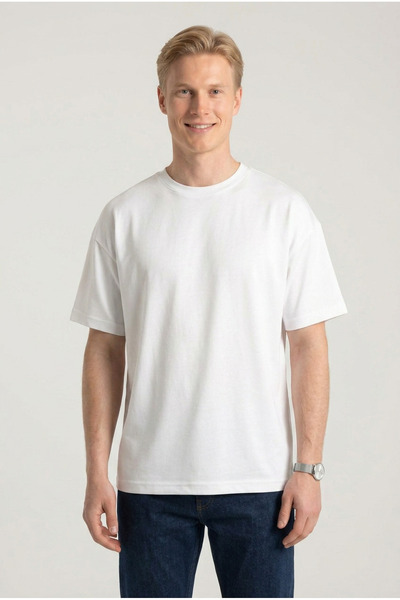 ELAFRO Men's White Oversize Modal Fabric Silky Textured Crew Neck T-Shirt