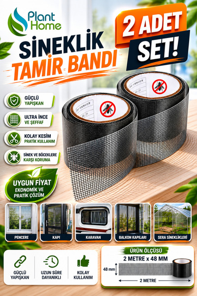 plant-home Sineklik Tamir Bandı 2 Adet Set 2 Metre x 48 mm Yapışkanlı Sineklik Yama ve Onarım Bandı