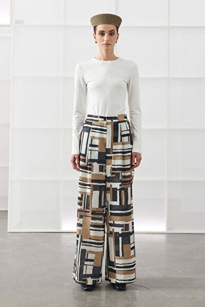 Molene Pantaloni din in cu model geometric ecru