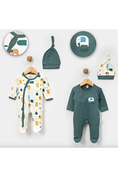 pufien Elephant Patterned 2-Piece Jumpsuit Set, Green with Snap Fasteners and...