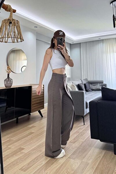 Banu Angay Brown striped double-breasted pants