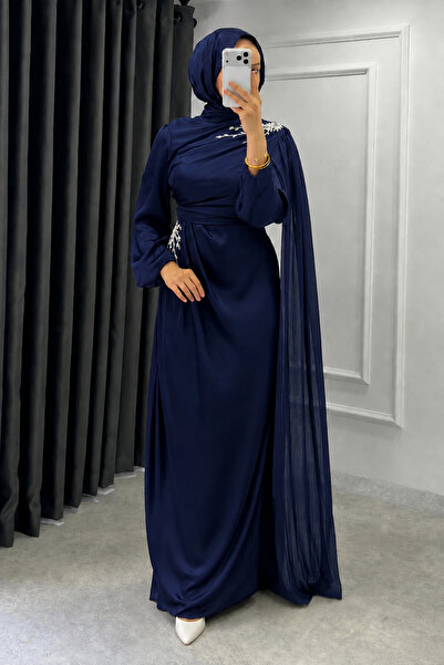 Abiye Diyarı Diores Stone Detailed Cape Janjan Fabric Hijab Evening Dress - N...