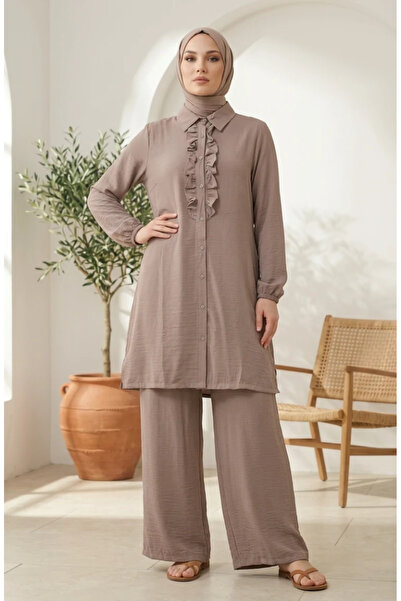 sefamerve Shirt Collar Ruffled Tunic Pants Double Hijab Set 2278-02 Mink