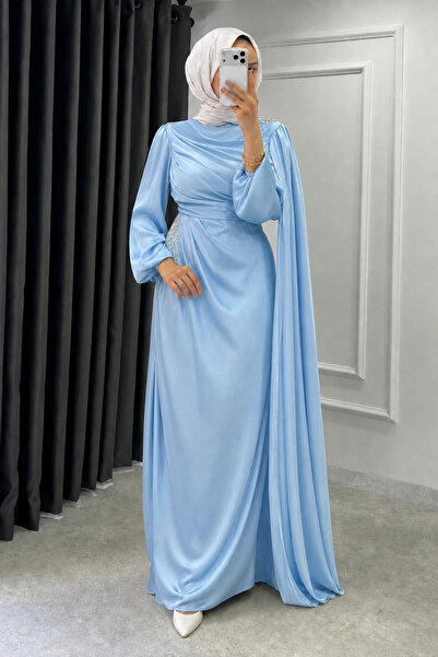 Abiye Diyarı Diores Stone Detailed Cape Janjan Fabric Hijab Evening Dress - B...