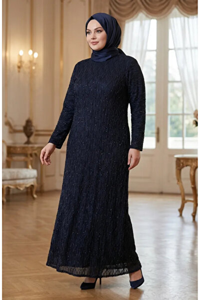 sefamerve Plus Size Sequined Hijab Evening Dress 6262-02 Navy Blue