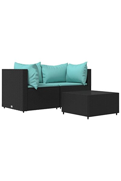vidaxl Set mobilier de grădină cu perne, 3 piese, negru, poliratan