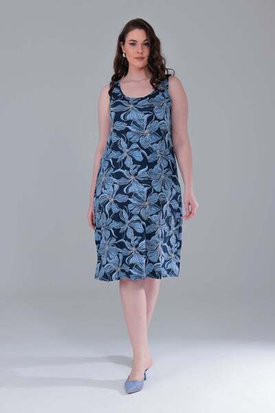 Madwilo Women's Blue Floral Pattern Strap Plus Size Dress