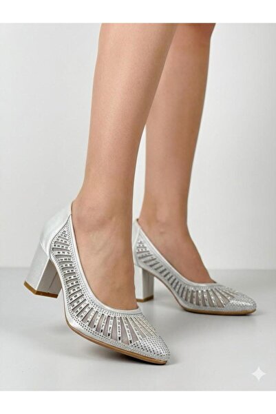 Lütfi Women's satin stone detailed thick heeled evening shoes