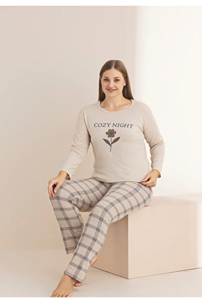 Miss Lale Pijama Big Size beige women's pajamas with long sleeves and long pa...