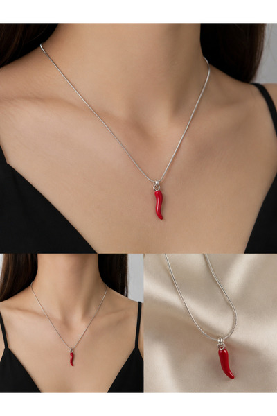 kubotique Kırmızı Biber Kolye Gümüş Renk | Şans Uğuru Nazarlık Takı | Kadın Chili Charm Kolye