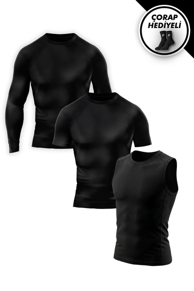 Liber Pachet de 3 tricouri de compresie negre - Set de tricouri sport scurte/...