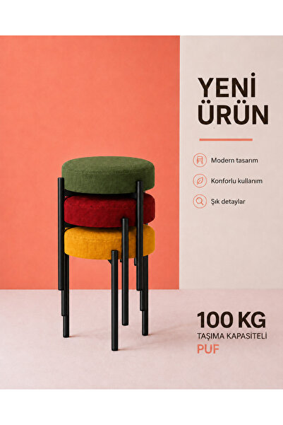 EDMONDA EV AKSESUAR 3 ADET KARIŞIK RENK METAL YUVARLAK PUF MUTFAK TABURESİ