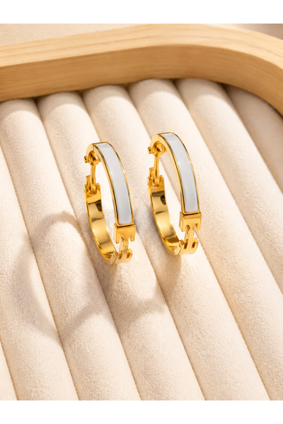 HH 14K Gold Plated Women's Earrings, White H Model, Elegant and Modern