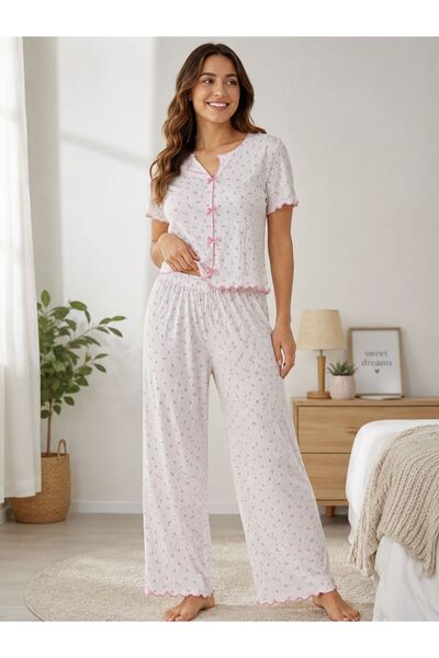 Pijamask Women's Ribbon-Detained Patterned Short Sleeve Pajama Set