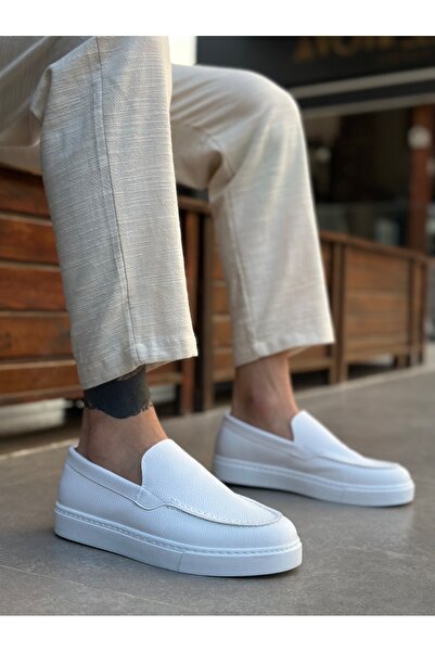 MirgeShoes Beyaz Bağcıksız Erkek Loafer Ayakkabı Kalın BYZ Taban MRG010602559