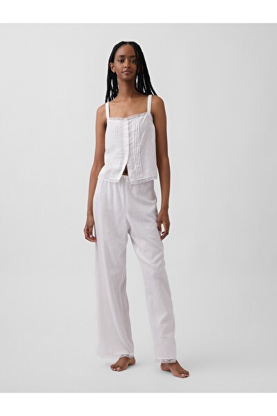 GAP Kadın Beyaz Keten Karışımlı Dantel Kenar Pijama Altı