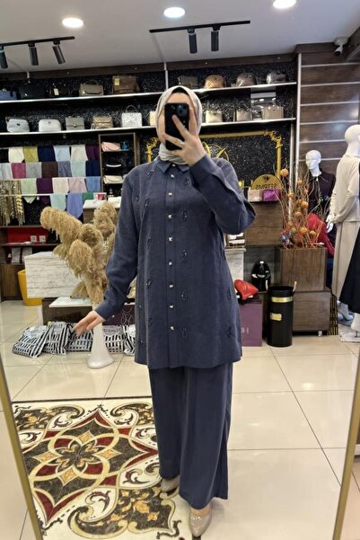 PUREVA Shirt Collar Brooch Detailed Trouser Suit