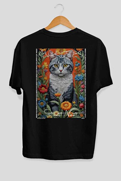 Ankhises 76 Cats for the Sake of Cats Printed Black Oversize T-Shirt 100% Cot...