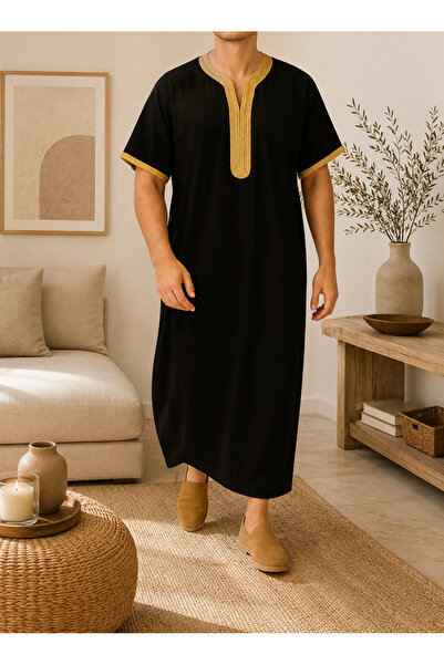 MORRISSA Mens Arabic Moroccan Jalabiya Beautiful Black Colour Golden Colour N...