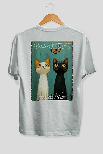 Ankhises For the Love of Cats 79 Cats Printed White Oversize T-Shirt 100% Cot...