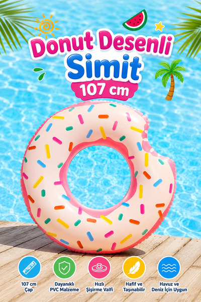 craftivio Pink Donut Patterned Sea and Pool Ring Fun Inflatable Adult Childre...