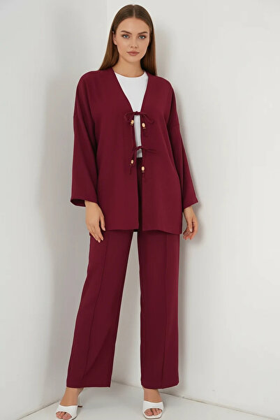 buğrahayalin Women's V-Neck Belted Viscose Burgundy Double Suit