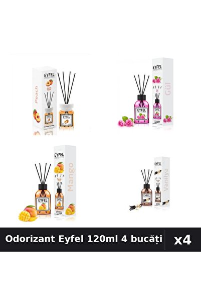 Eyfel Set 4 Odorizant Camera Betisoare 120ml - Piersică, Trandafir, Mango, Va...