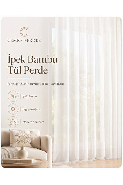 30583 İpek Bambu Tül Perde İpek Dokulu Beyaz Modern Dekoratif Tül Perde - Cem...