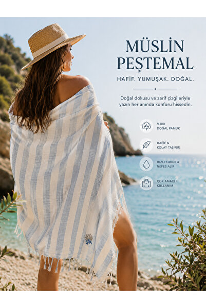 PİAURA Muslin Peshtemal Premium Embroidered 100% Cotton Beach, Pool, Sea Pesh...