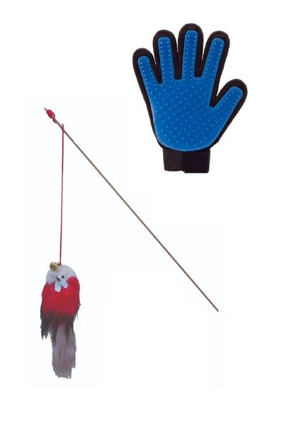 Nadom Set of 2 Wooden Furry Rattle Cat Fishing Rod Fingered Bristle Feather C...
