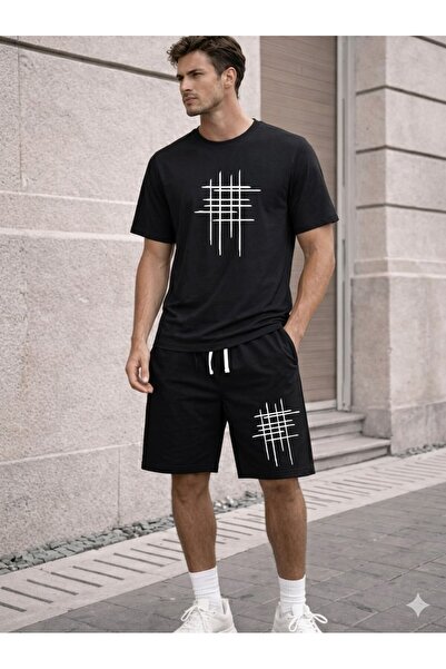 YK WEAR 2022.5 Unisex Oversize Shorts T-Shirt Set – Minimal Line Patterned Su...