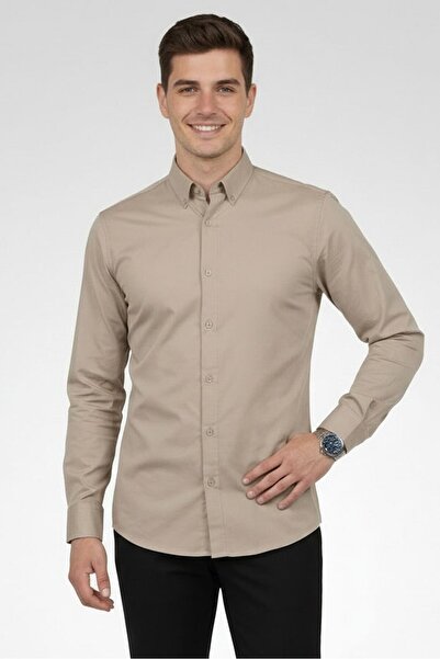 London Fog Men Regular Fit Plain Long Sleeve Casual Shirt, Beige