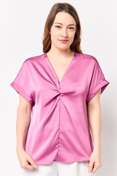 Bebe Women V-Neck Short Sleeve Plain Blouse, Mauve