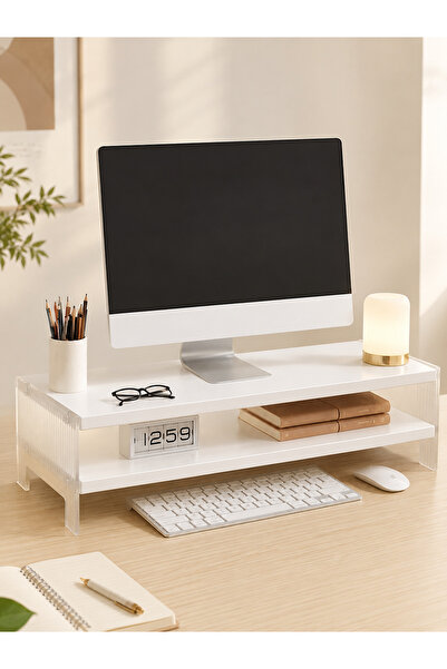EqiEch 2-Tier Wooden Monitor Riser Stand with Clear Acrylic Legs, White Deskt...