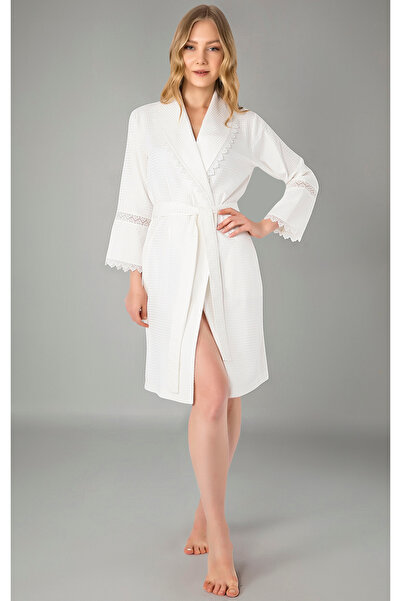 Nuşa Women's Short Shawl Collar Embroidered Pique Fabric Cotton Dressing Gown...
