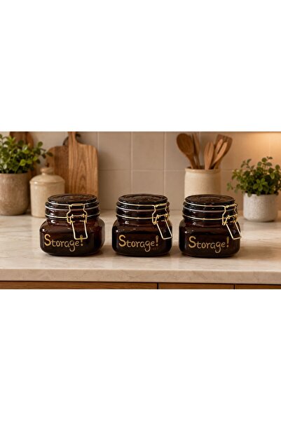 Qerhome Set of 3 Luxury Amber Clip-On Vacuum Lid Glass Square Food Jars 500 ml